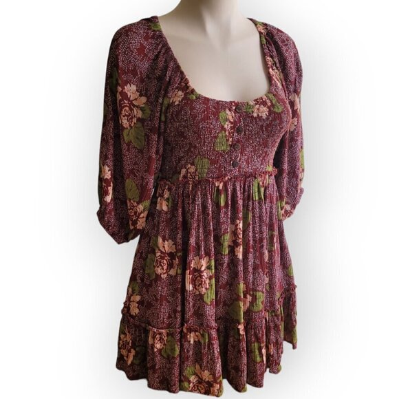Free People l/s Summer Printed Dress Brown Floral XS - Picture 8 of 15